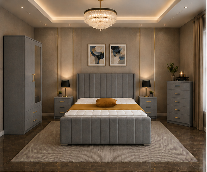 grey_top_left (2) Luxury Double Bed with 2 Door Wardrobe & Chest of Drawers - Image 1