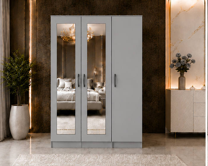 grey_wardrobe_front Modern Three Door Wardrobe with Two Long Mirrors - Stylish 3 Door Wardrobe with Dual Mirror Panels - Image 1