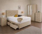 Modern Bedroom Beige Furniture Set - Mirror Wardrobe & Drawer Storage Bed
