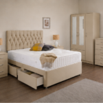 Modern Bedroom Beige Furniture Set - Mirror Wardrobe & Drawer Storage Bed
