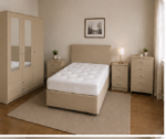 Modern Beige Bedroom Furniture Set - Mirrored Wardrobe, Chest & Bed Side Tables - Image 2