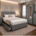 Modern Grey Bedroom Furniture Set - Storage Bed, Bedside Tables, Wardrobe & Bedside Tables