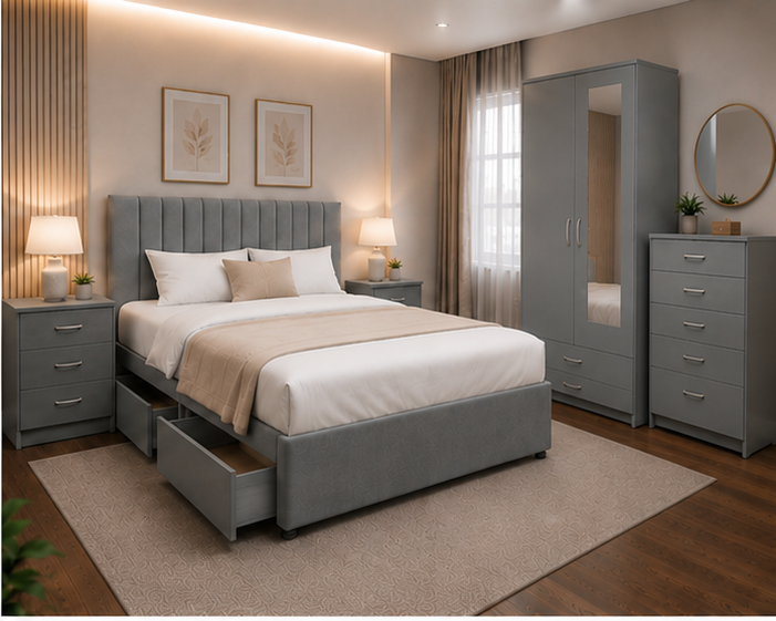 left_view (3) Modern Grey Bedroom Furniture Set - Storage Bed, Bedside Tables, Wardrobe & Bedside Tables - Image 1