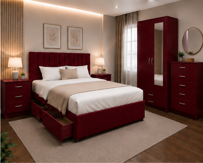 left_view (4) Stylish Bedroom Set - Upholstered Bed, Wardrobe & Side Tables - Image 1