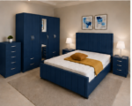 Complete Blue Bedroom Furniture Set | Double Bed, Side Tables & 5 Door Wardrobe - Image 2