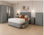 Modern Grey King Size Bedroom Furniture Set - Six Door Wardrobe With Full Length Mirrors - Five Drawer Chest - Two Bedside Tables