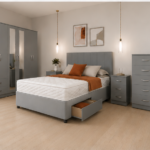 Modern Grey King Size Bedroom Furniture Set - Six Door Wardrobe With Full Length Mirrors - Five Drawer Chest - Two Bedside Tables