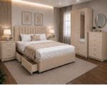 Complete Beige Bedroom Furniture Collection - Bed, Wardrobe, Chest of Drawers  & Side Tables