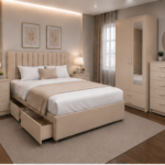 Complete Beige Bedroom Furniture Collection - Bed, Wardrobe, Chest of Drawers  & Side Tables