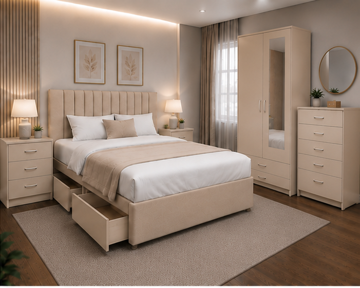 left_view_beige Complete Beige Bedroom Furniture Collection - Bed, Wardrobe, Chest of Drawers & Side Tables - Image 1