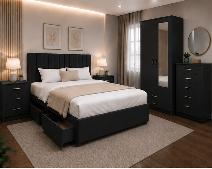 left_view_black Elegant Black Bedroom Furniture Set - Smart Storage Wardrobe, Chest of Drawers & Modern Design - Image 1