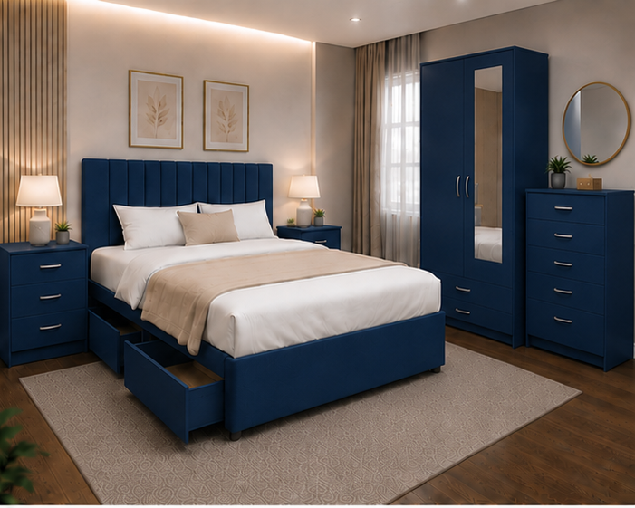 left_view_blue Premium Blue Bedroom Set - Storage Bed with Wardrobe, Chest of Drawers & Nightstands - Image 1