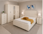 Luxury Cream Color  King Size Bedroom Set - Four Door Wardrobe With Four Drawer - Chest of Five Drawers With Two Bed Side Table - Image 2