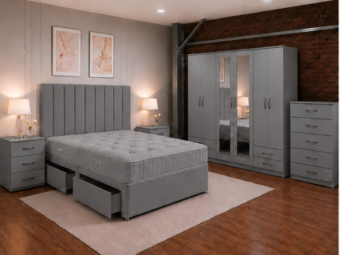 Modern King Size Bed Furniture Collection - Six Door Wardrobe With Four Drawer - Chest of Five Drawers With Two Bed Side Table