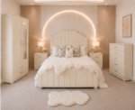 Complete Cream Bedroom Furniture Package – Double Bed, 2 Door Mirror Wardrobe with Storage Drawers, 5 Drawer Chest & 2 Side Tables - Image 5