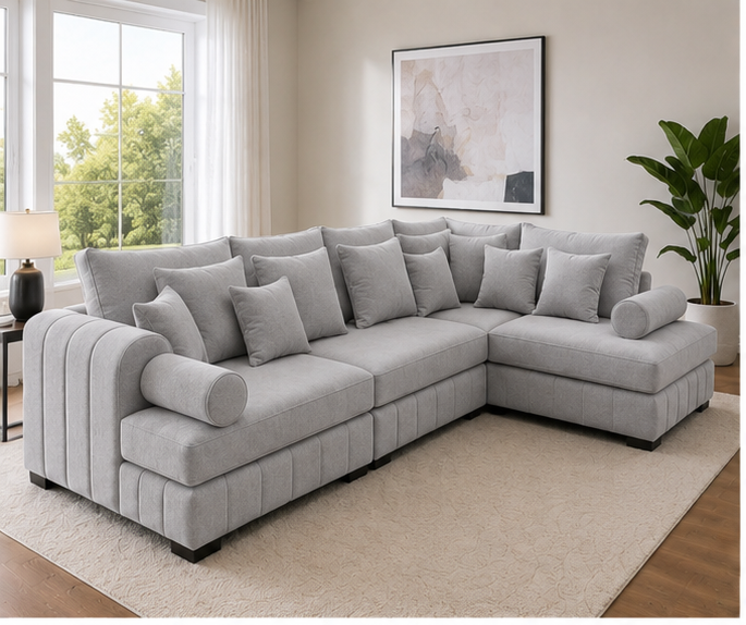 light_grey_front_left Lilly Luxury L-Shape Sectional Sofa with Ottoman – Modern Living Room Collection - Image 1