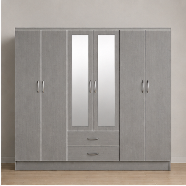 light_grey_wardrobe_2 6 Door Wardrobe with 2 Mirrors and 2 Drawers - Premium Storage 6 Door Wardrobe - Image 1