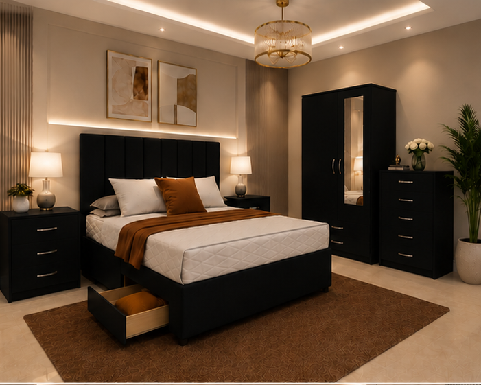 liu Luxury 2 Door Wardrobe Bedroom Set with Chest of Drawers & Bedside Tables - Image 1