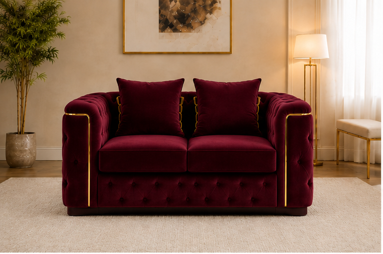maroon_sofa_front_view Crimson Elegance Designer Sofa - Ruby Royale Velvet Loveseat - Image 1