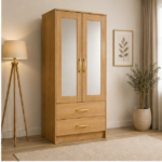 Compact 2 Door Wardrobe with Hanging Rail & Mirror with Oak colors - SpaceSaver Two Door Wardrobe with Dual Mirrors - Image 2
