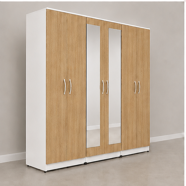 oak_angle_view Modern 6 Door Wardrobe with 2 Mirrors & 2 Drawers - 6 Door Clothing Organizer - Image 1