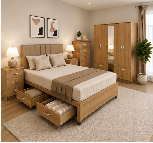 oak_bedroom_2 Bedroom Organization Suite with Bed and Storage Units - Image 1