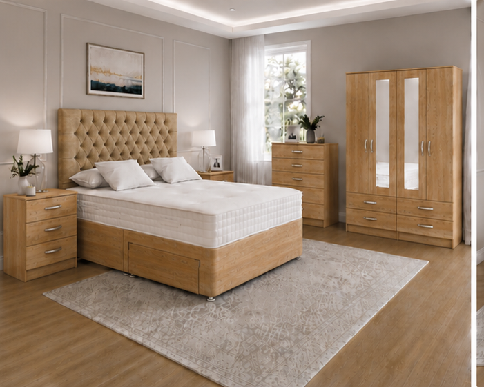 oak_bottom_left (2) Complete Oak Bedroom Essentials Set - Wardrobe, Chest of Drawers & Side Tables - Image 1