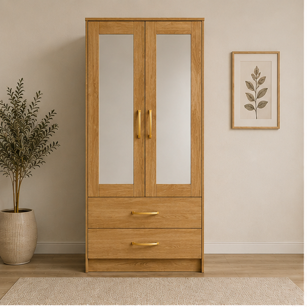 oak_front_view (1) Compact 2 Door Wardrobe with Hanging Rail & Mirror with Oak colors - SpaceSaver Two Door Wardrobe with Dual Mirrors - Image 1