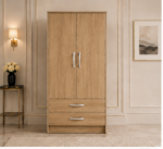 2 Door Wooden Wardrobe with 2 Drawers with Oak colors wardrobe - Elegant 2 Door Wardrobe with Dual Drawers - Image 5