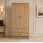 2 Door Wooden Wardrobe with 2 Drawers with Oak colors wardrobe - Elegant 2 Door Wardrobe with Dual Drawers