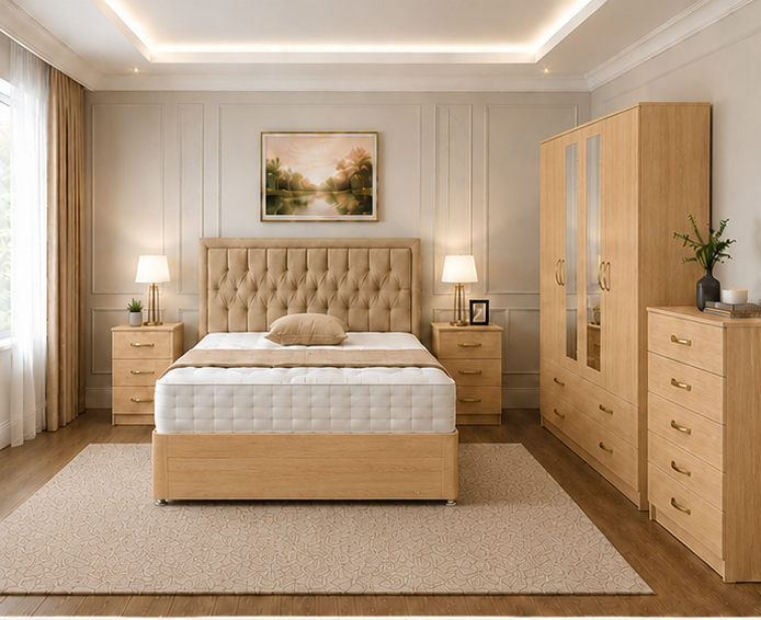 Kensington Signature Bedroom Set – Double Divan Bed, 2 Bedside Tables, 4 Door Wardrobe with 2 Mirrors & 5 Drawer Chest