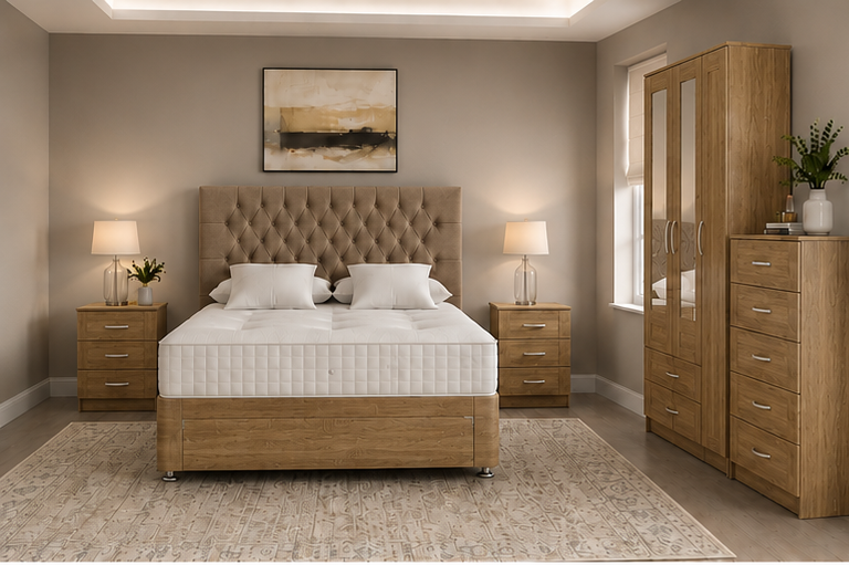oak_top_left Elegant Double Bed Suite with 3 Door Wardrobe, Bedside Tables and Storage Chest - Image 1
