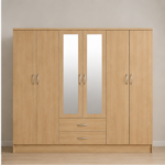 Oak 6 Door Wardrobe Closet with 2 Mirrors & 2 Extra Storage Drawers - Premium 6 Door Bedroom Wardrobe