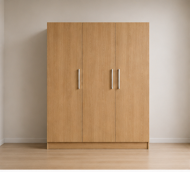 oak_wardrobe_view_1 Premium Wooden 3 Door Oak Color Wardrobe - Spacious Hanging and Shelving Solution - Image 1