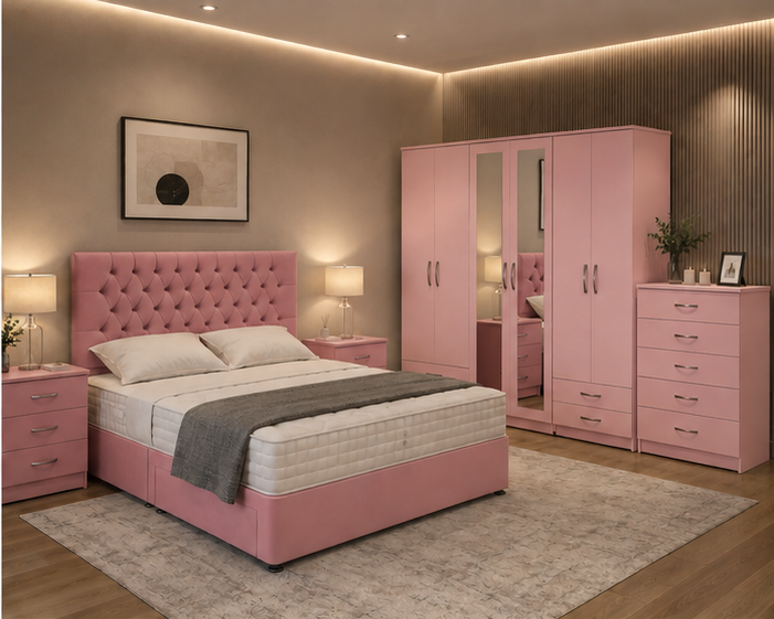 oo Contemporary Bedroom Set - King Size Bed Frame - Six Door Wardrobe - Five Drawer Chest - Two Bedside Tables - Image 1
