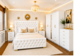 Contemporary Double Bed Set With Five Door Wardrobe With One Long Mirror - Chest of Five Drawers With Two Bed Side Table - Image 2