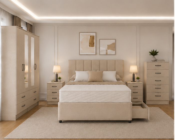 Stylish Complete Bedroom Set – 4 Door Almari, 2 Side Tables & Chest of Drawers