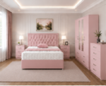 Luxury Home Bedroom Set – Double Divan Bed with 2 Mirror Door Wardrobe in Pink colors