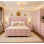 Luxury Walnut Finish Complete Master Bedroom Furniture Collection Featuring Upholstered Tufted Bed
