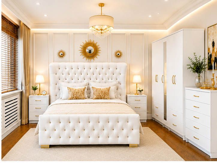 picture_2 Contemporary Double Bed Set With Five Door Wardrobe With One Long Mirror - Chest of Five Drawers With Two Bed Side Table - Image 1