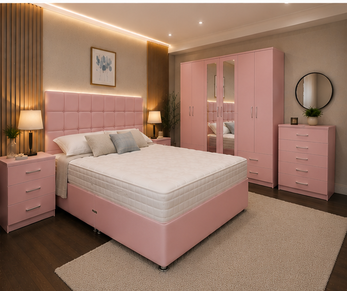 Complete King Size Bedroom Furniture Set Double Storage Bed – 6 Door Wardrobe – 5 Drawer Chest – 2 Bedside Tables