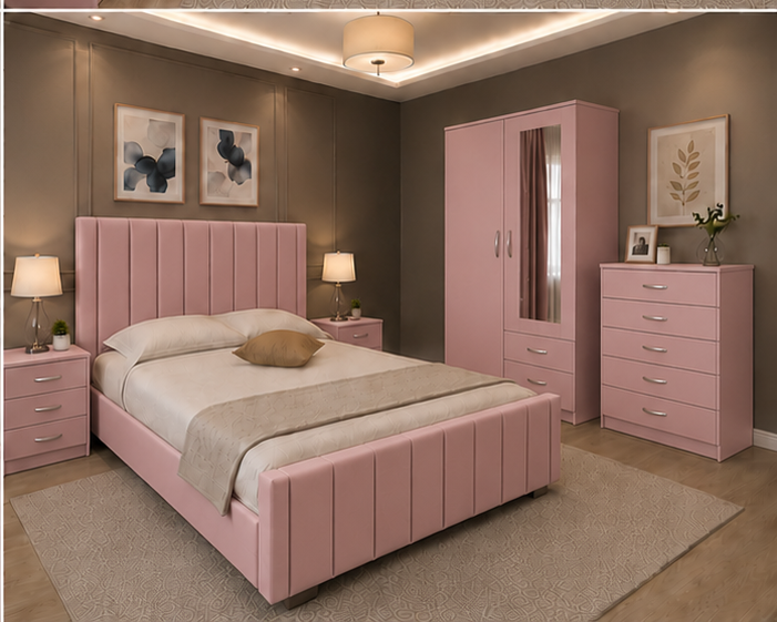 pink_bedroom_angle_4 Premium Bed Set with 2 Door Wardrobe - Chest Drawer & Bed Side Tables - Image 1
