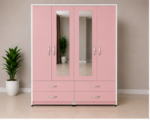 Luxury pink & white 4 Door Wardrobe with 4 Drawers & 2 Mirrors - 4 Door Wardrobe with 2 Mirrors & 4 Bottom Drawers