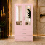 Modern Light Pink 2 Door Mirrored Wardrobe with 3 Drawers - Wooden Two Door Wardrobe with Mirrors