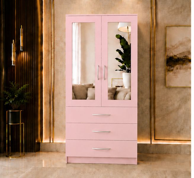 pink_front_view Modern Light Pink 2 Door Mirrored Wardrobe with 3 Drawers - Wooden Two Door Wardrobe with Mirrors - Image 1