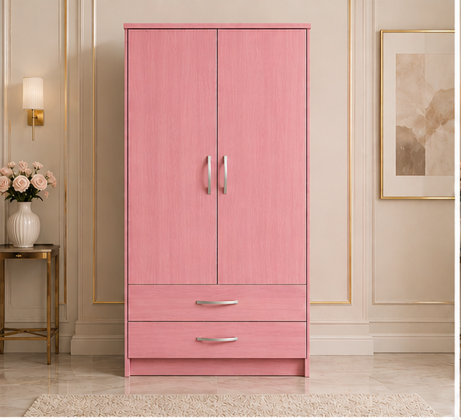 pink_front_view Durable 2 Door Wardrobe Storage Cabinet with pink colors wardrobe - Modern 2 Door Wardrobe with Dual Mirrors - Image 1