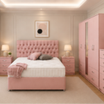 Complete Bedroom Furniture Package with Wardrobe, Drawers & Bedside Units in pink colors