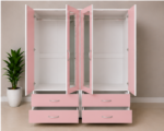 Luxury pink & white 4 Door Wardrobe with 4 Drawers & 2 Mirrors - 4 Door Wardrobe with 2 Mirrors & 4 Bottom Drawers - Image 3