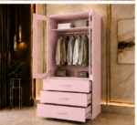 Modern Light Pink 2 Door Mirrored Wardrobe with 3 Drawers - Wooden Two Door Wardrobe with Mirrors - Image 3
