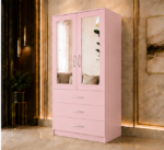 Modern Light Pink 2 Door Mirrored Wardrobe with 3 Drawers - Wooden Two Door Wardrobe with Mirrors - Image 2